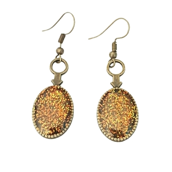 Handmade Jewelry - Bronze oval gangle earrings with gold glitter handmade gifts new